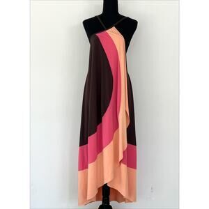 Vintage bebe Sz Medium Wrap Maxi Skirt/Dress Brown Pink Orange Block Stripe